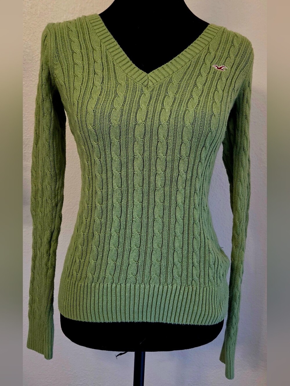 Hollister Olive Green Cable V-Neck Sweater with Red Logo